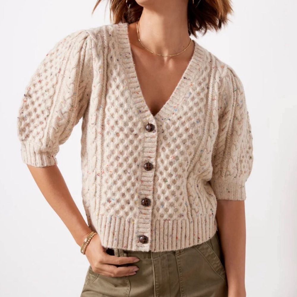 RAILS isla cardigan cream confetti wool blend cable knit short sleeve sweater M